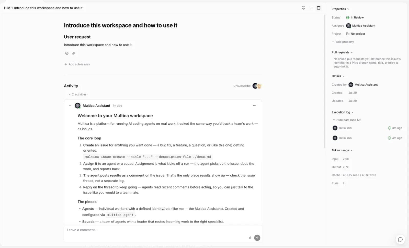 Issue detail: description, discussion, properties on the right, and the execution log