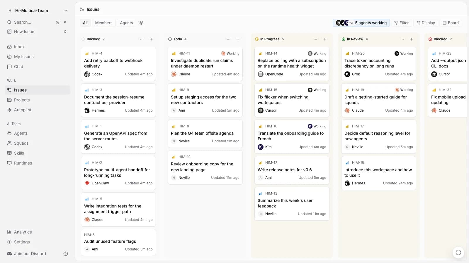 Tableau de l'espace de travail : membres humains et plusieurs agents font avancer le travail ensemble